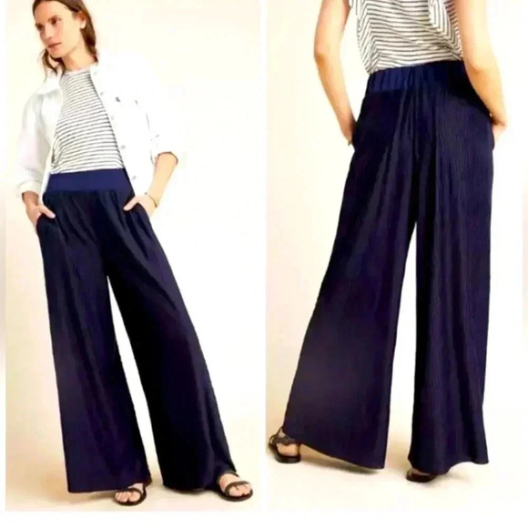 Anthropologie Pleated Wide Leg Pants Palazzo Pant Navy Size Medium NWT - Picture 2 of 7